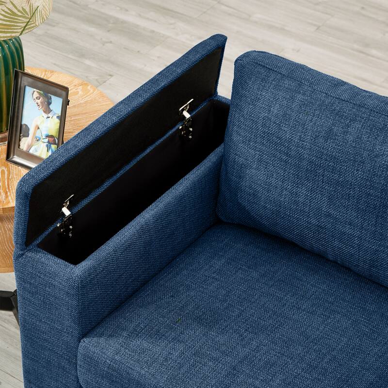 Fabric Upholstered 3 Seater Sofa, Lounge Sofa with Square Arm, Oversized Deep Seat Sofa with Storage & Cup Holders