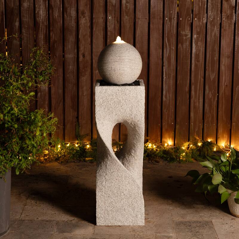 Glitzhome Modern Geometric Oversized Pedestal Sphere Polyresin Outdoor Floor Fountain with Pebbles
