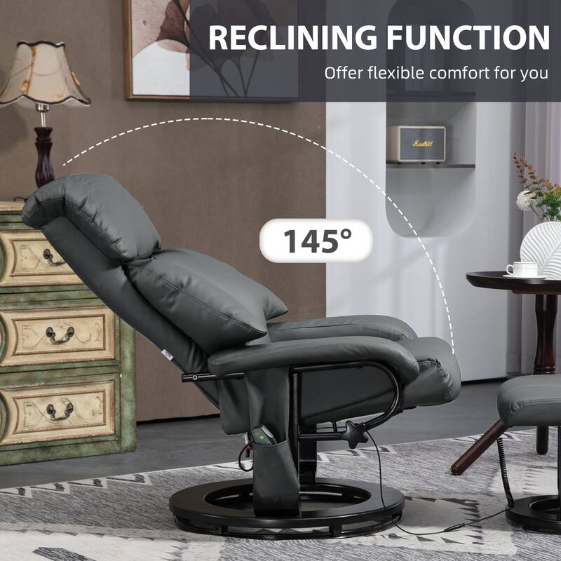 PU Leather Vibration Massage Recliners , with Footrest and Side Pockets, Manual Tilt Backrest Adjustment and 360° Rotating Base
