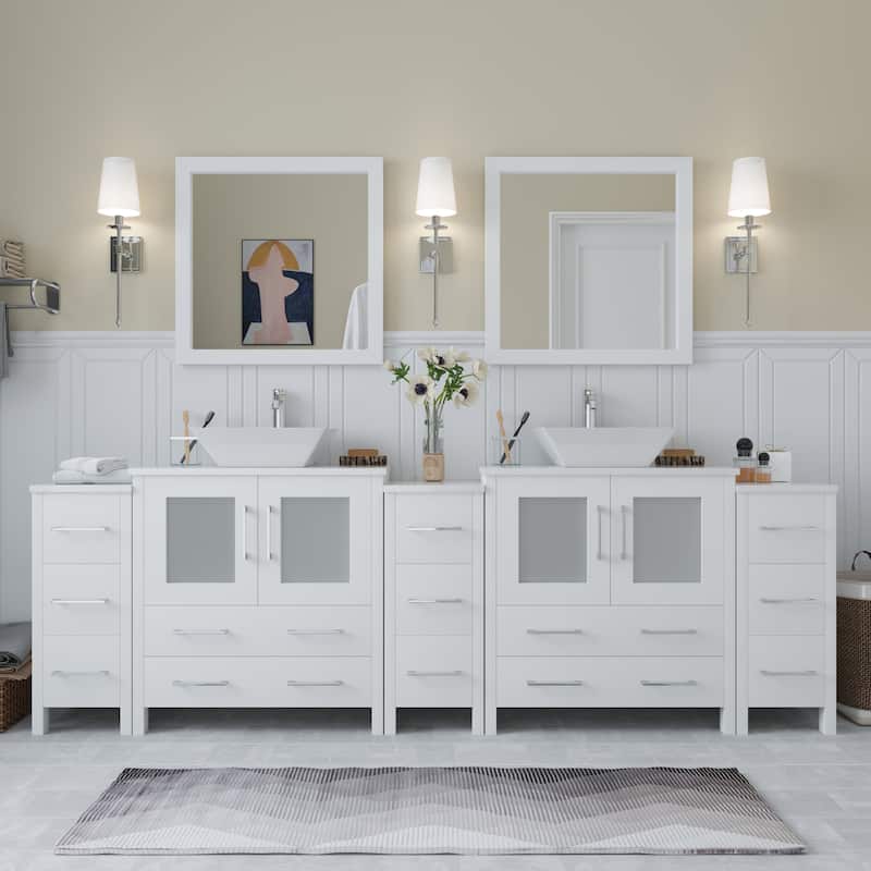 Vanity Art 96-inch Double Sink Bathroom Vanity Set with Engineered Marble Top and Free Mirror - 96 x 18.5 x 36 Inches - White
