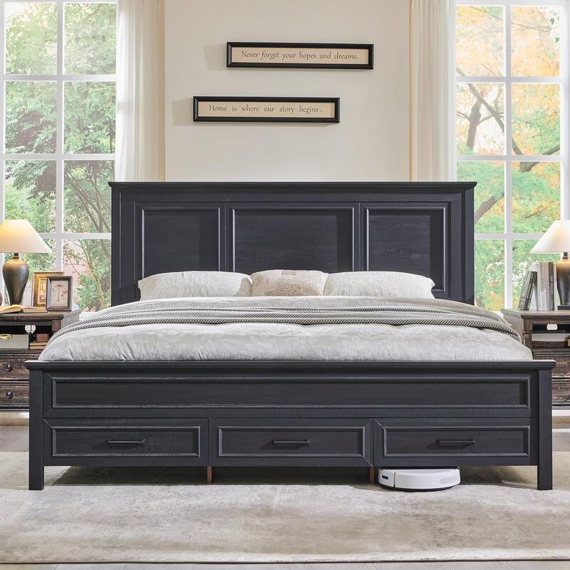 Farmhouse Queen Wood Bed Frame with 52" Tall Headboard & Footboard