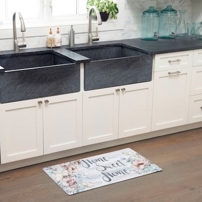 SoHome Cozy Living Home Sweet Home Floral Anti-Fatigue Kitchen Mat, Grey/Blue
