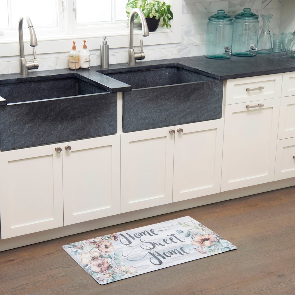 SoHome Cozy Living Home Sweet Home Floral Anti-Fatigue Kitchen Mat, Grey/Blue