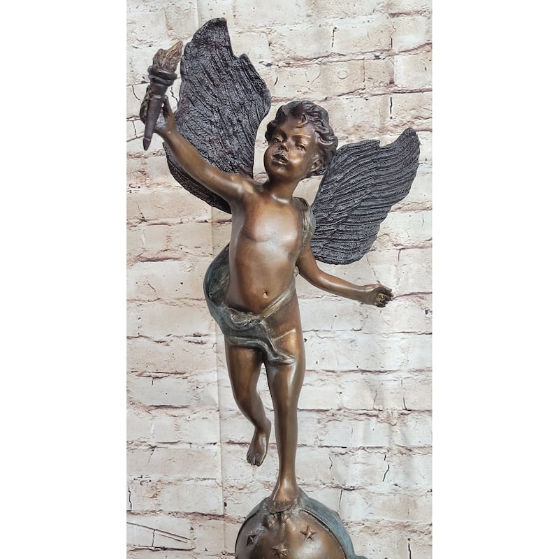 Cherub Cupid W/ Torch Real Bronze Vintage Sculpture Statue After Moreau 24 Inches X 12 Inches