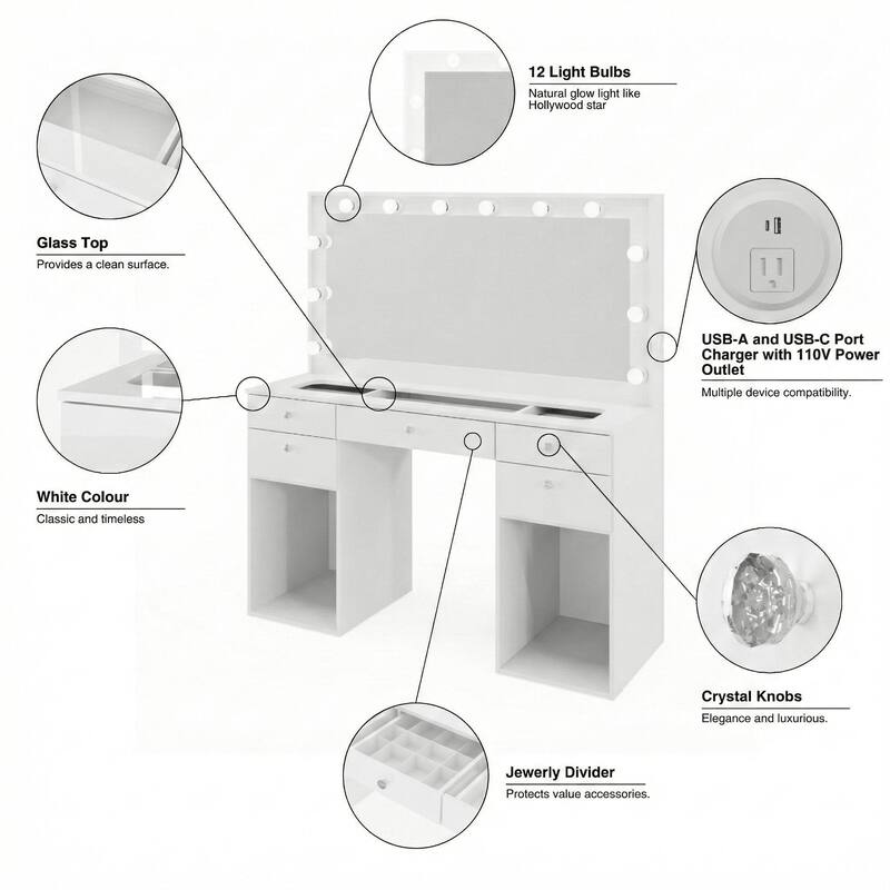 Hollywood Large Makeup Vanity Desk with 12 Light Bulbs; Modern Dressing Table with Multiple Storage Drawers & Crystal Knobs