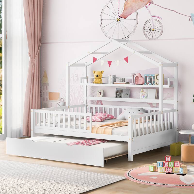 Full Pine House Bed with Trundle, Shelf & Guardrail - White