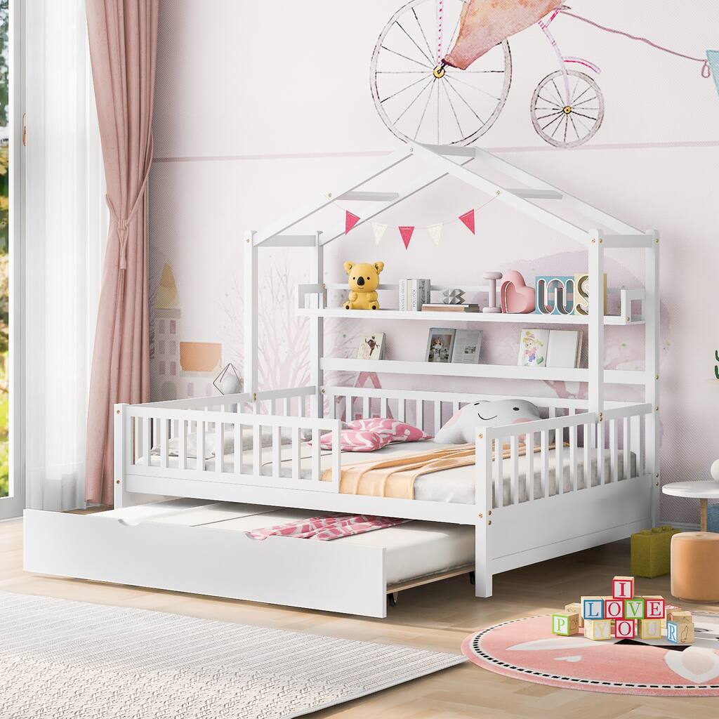 Wooden Full Size House Bed with Trundle - Multiple Storage Racks, Safety Barriers
