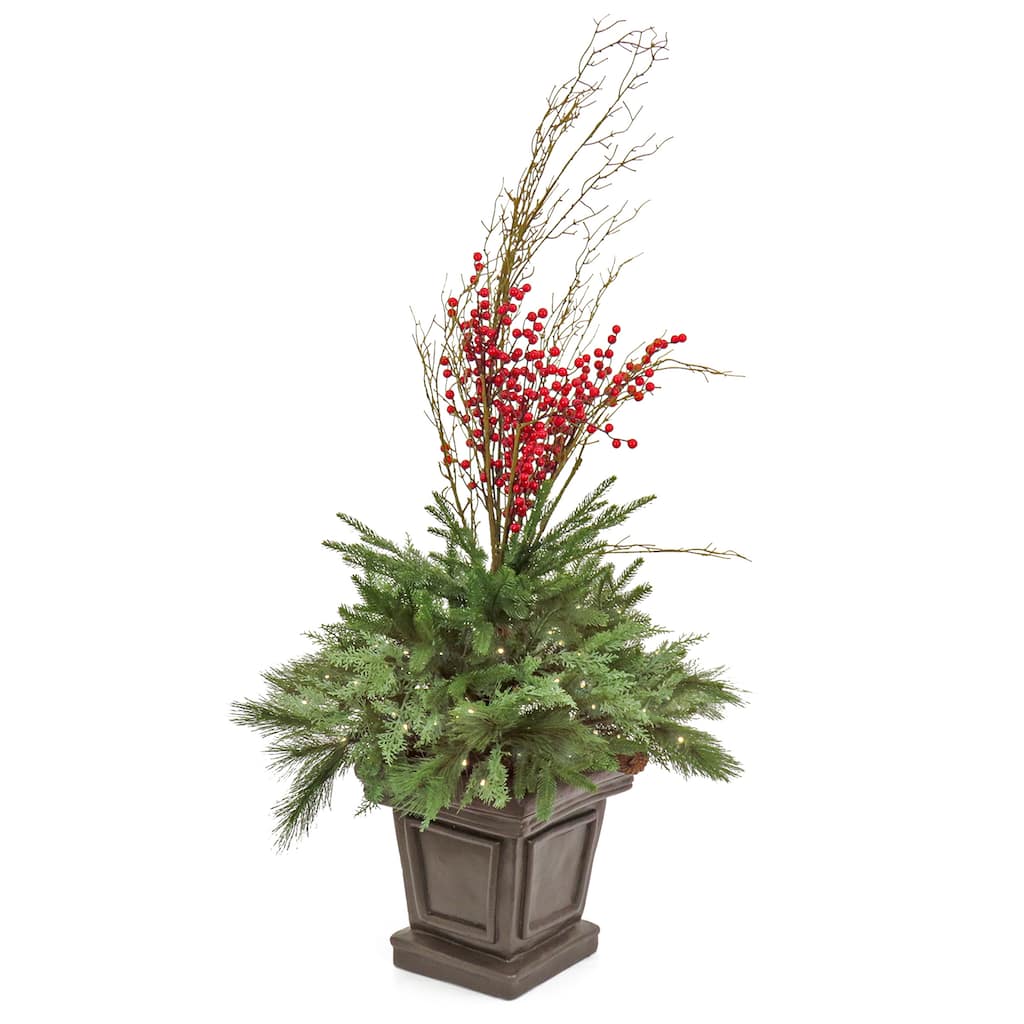 National Tree Company 4 ft. Evergreen and Berries Porch Bush with LED Lights - Green - 4 ft