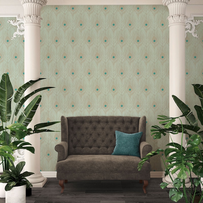 Galerie Wallcoverings Absolutely Chic Peacock Feather Motif Vinyl on Non-woven Wallpaper Roll