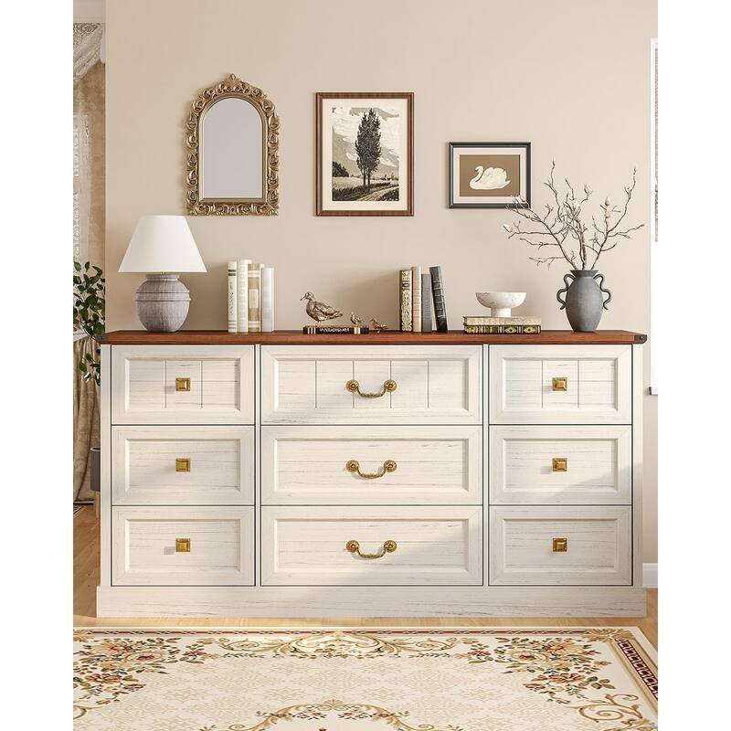 Farmhouse Drawers Dresser for Bedroom Wood Rustic Chest of Drawers - Antique White - 9-drawer