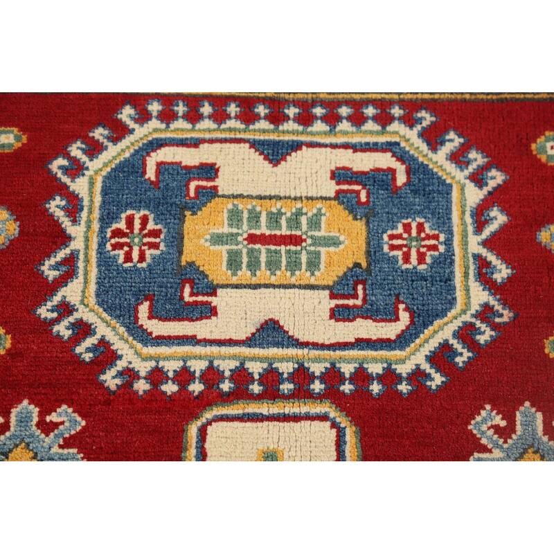 Geometric Red Kazak Foyer Rug Hand-Knotted Wool Carpet - 2'8" x 4'1"