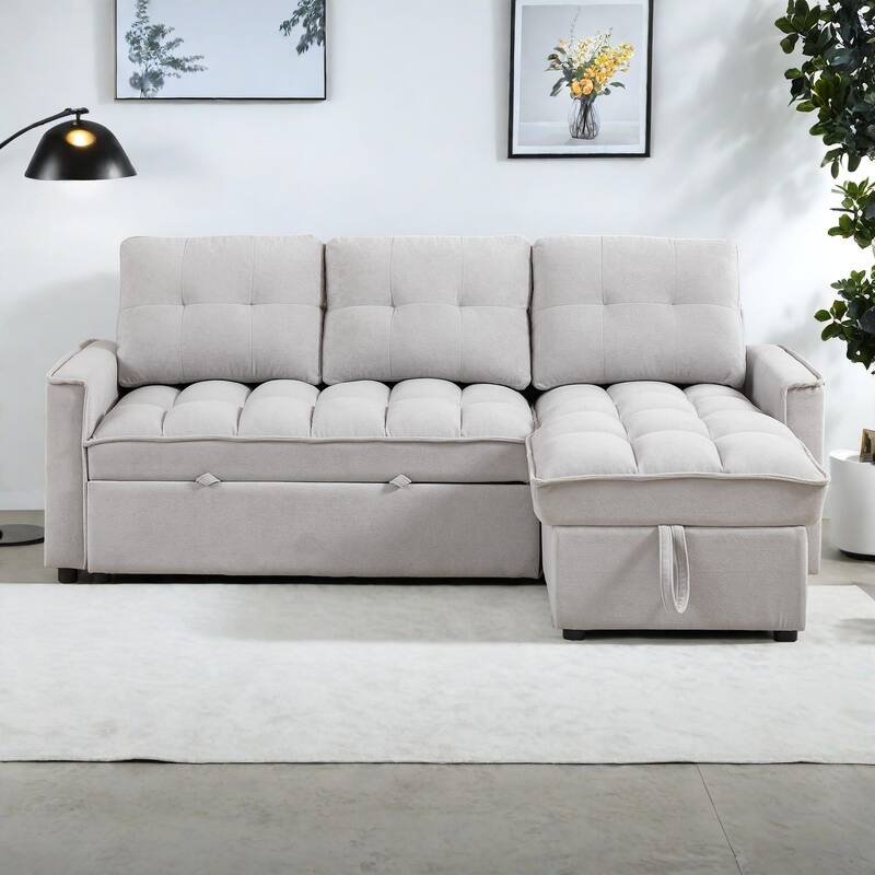 78.75" Chenille Pull-Out L-Shaped Sectional Sofa Bed with Charging Ports and Storage Chaise - LIGHTGREY