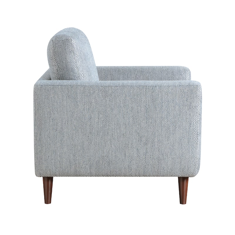 Ricca Armchair, Blue Gray Chenille, Foam, Angled Brown Wood Legs