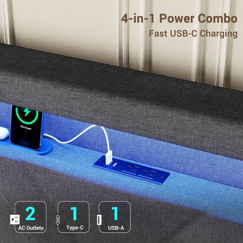 Bed Frame LED Lights Headboard & USB-C/A Charging Station 4 Drawers