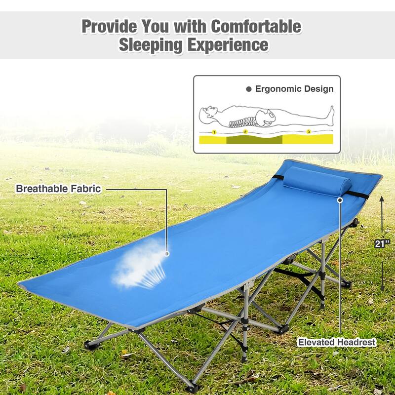 Folding Camping Cot Heavy-Duty Outdoor Cot Bed w/ Side Storage Pocket - 74'' x 26'' x 15.7''