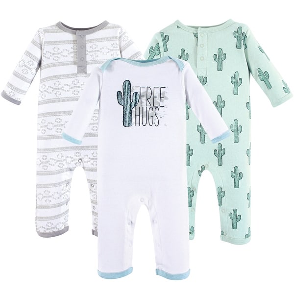 slide 1 of 1, Yoga Sprout Baby Cotton Coveralls 3pk, Free Hugs 0 - 3 Months - White/Blue