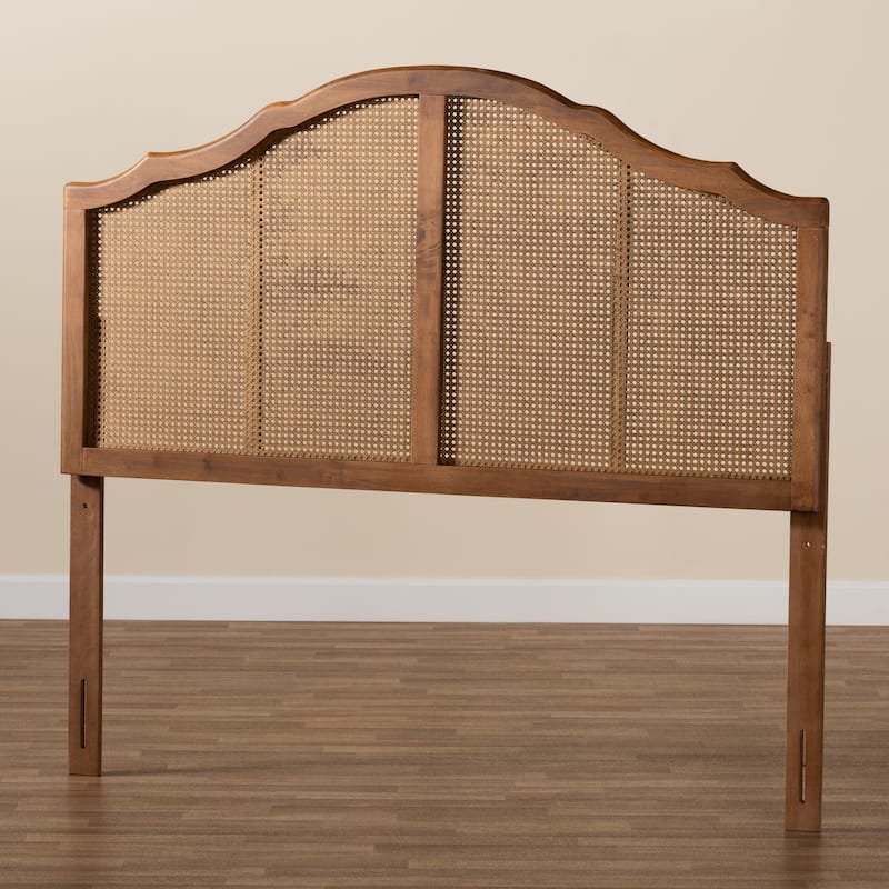 Traditional Ash Walnut Wood and Synthetic Rattan King Size Arched Headboard with Textured Boho Accent