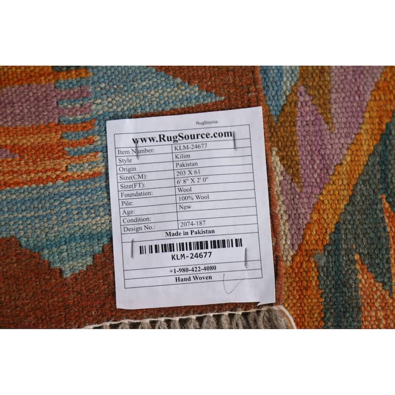 Geometric Kilim Reversible Runner Rug Flatweave Wool Carpet - 2'0"x 6'8"