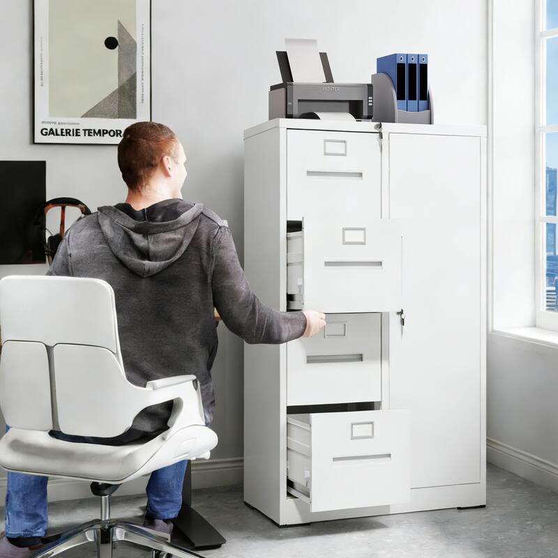 Metal Storage Vertical Filing Cabinet with Lock, Steel File Locker with 4 Drawers and 1 door for School, Living Room