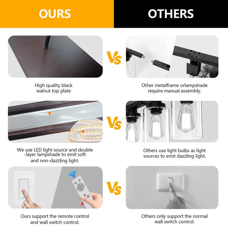 51-inch Walnut Wood Modern LED Pendant Light, Adjustable Hanging Light for Dining Room, Kitchen, Living Room