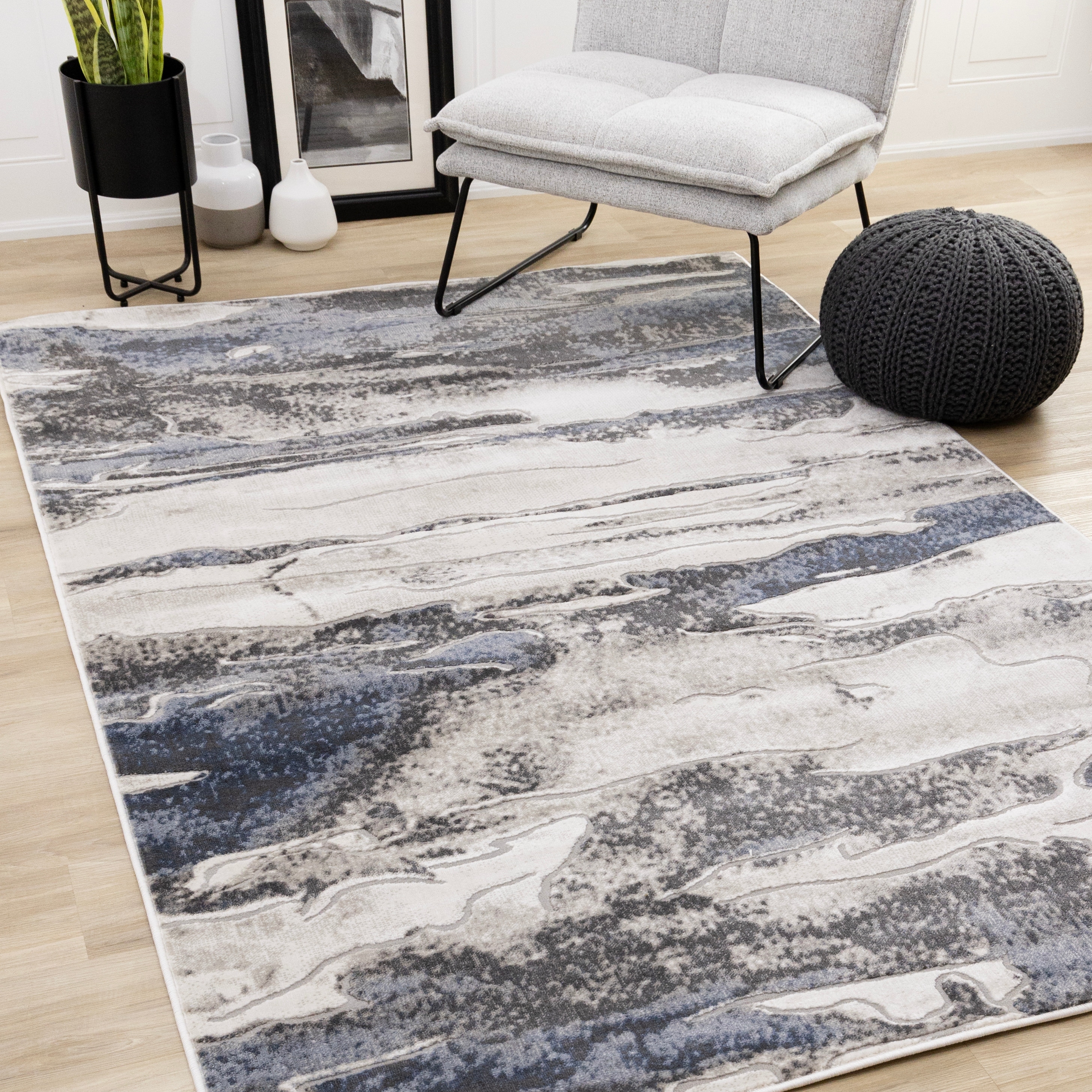 Blue Cream Grey Abstract Modern Area Rug, 5'3" x 7'7"
