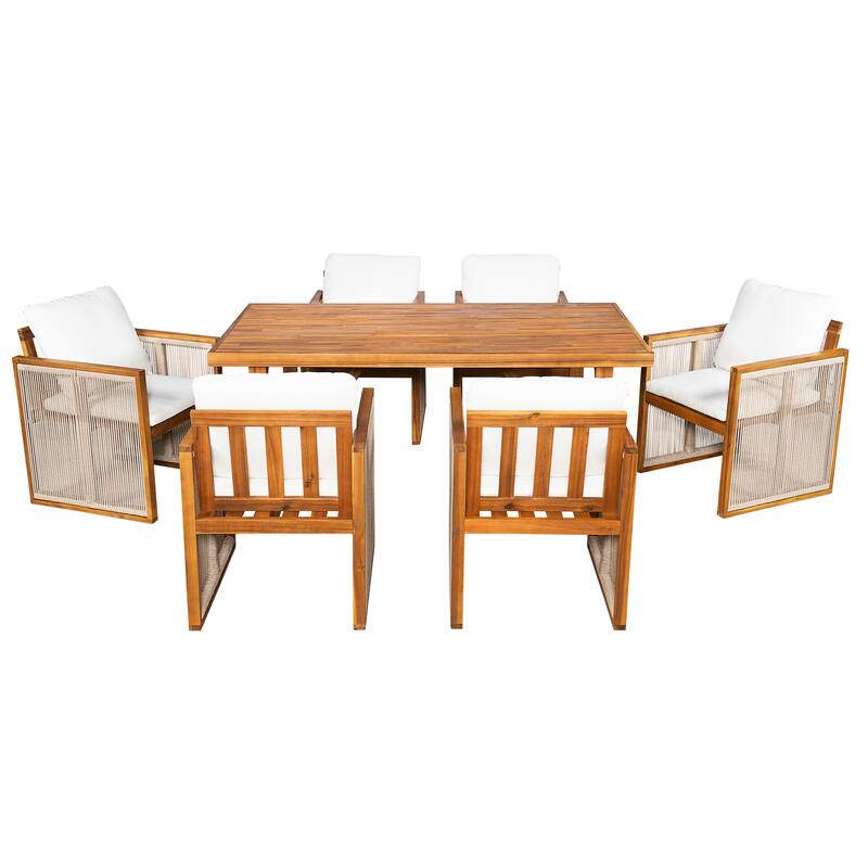Christopher Knight Home - Modern Outdoor Acacia Wood Dining Set with Cushions and Handwoven Rope Chairs