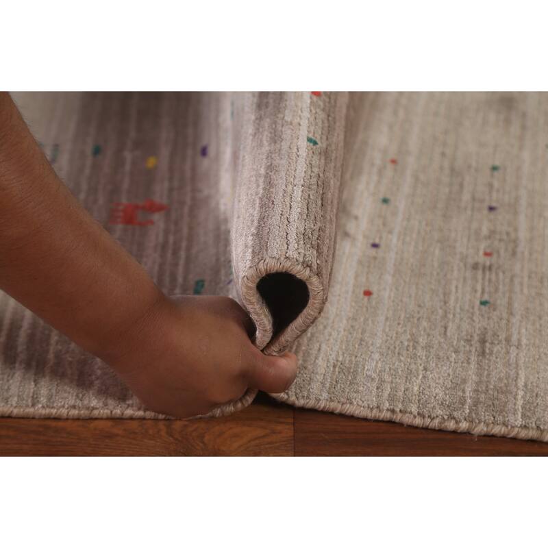 Gabbeh Area Rug Hand-Knotted Tribal Beige Wool Carpet - 7'10" x 9'8"