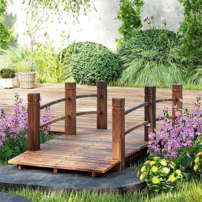 Solid Fir Wood Curved Garden Bridge with Side Rails for Gardens Ponds and Walkways Stained Finish 505 lbs Capacity