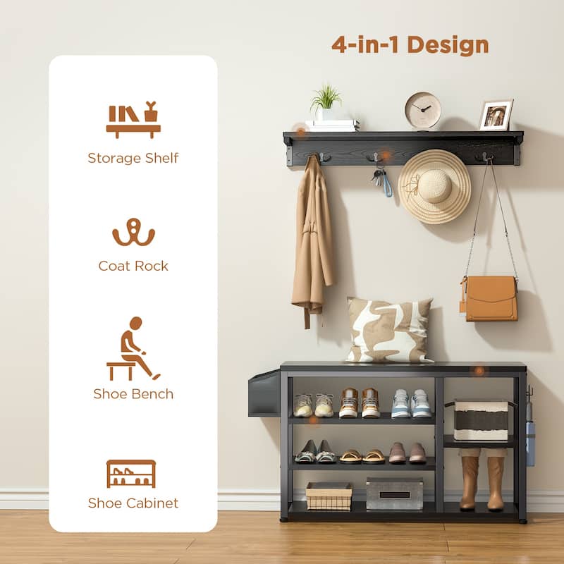 Industrial Hall Tree, 4-in-1 Entryway Coat Rack and Shoe Bench Rack Set with 5 Shoe Storage Cabinets