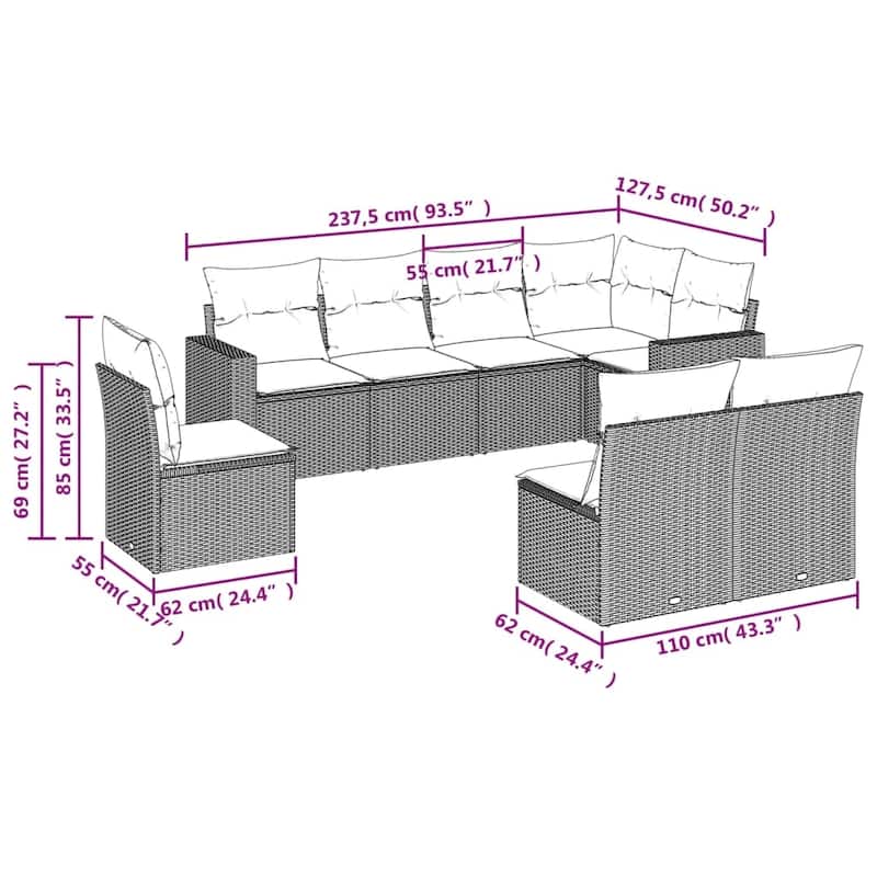 vidaXL Garden Sofa Set Grey PE rattan Large Modular Garden Sofa Set - 24.4 x 25.8 x 27.2