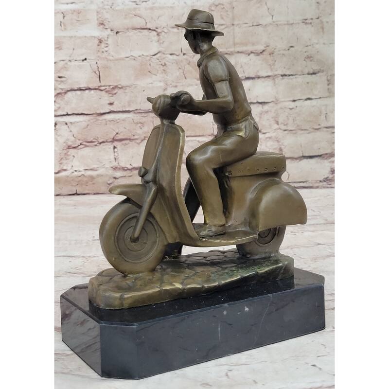 Man Riding Moped Bike Solid Bronze Sculpture Memorabilia Collectible Artwork