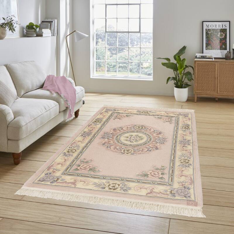 Gertmenian Oriental Estate Traditional Oriental Floral Border Metallion Hand Knot Wool Area Rug Collection - Blush Rose Medallion - 4x6