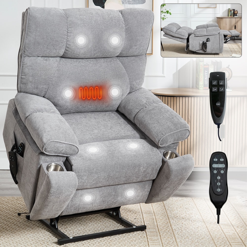 Heat Massage Dual Motor Infinite Position Large Electric Power Lift Recliners with Hidden Cup Holders,Power-Remote,Medium-firm