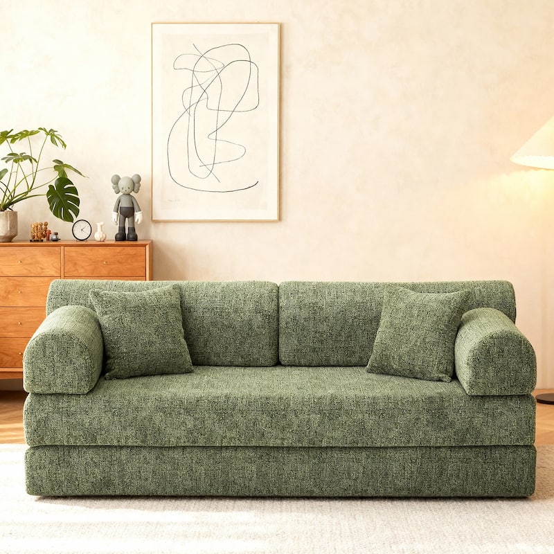 Convertible Sleeper Sofa Bed Corduroy Folding Mattress Couch with Fixed-Shape Frame - Moss Green