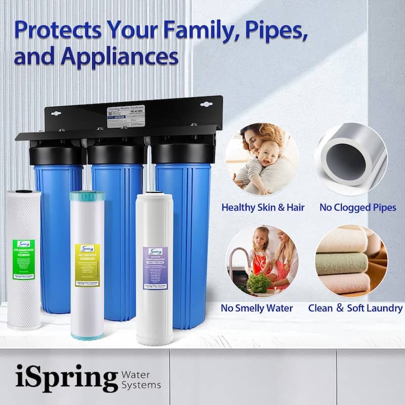 iSpring WGB32B-KDS Whole House Water Filter System w/ Polyphosphate Anti-Scale, GAC+KDF, and Carbon Block Water Filters