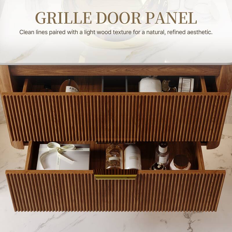 36" Luxury Floating Bathroom Vanities with Gold Single Sink, Brown Wood Cabinets with 2 Drawers