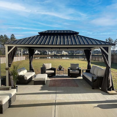 PURPLE LEAF Patio Hardtop Gazebo for Outdoor Grey Galvanized Steel Double Roof White Aluminum Poles