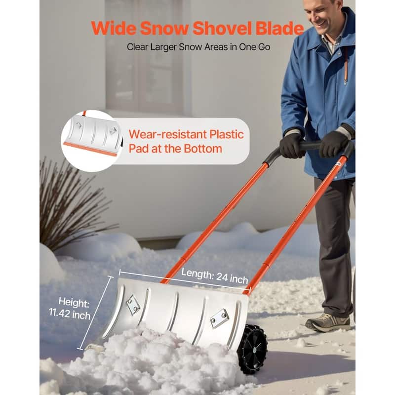 24 Inch Push Snow Shovel with Wide Blade Sturdy Frame and Anti-Slip Wheels for Driveway Yard or Sidewalk