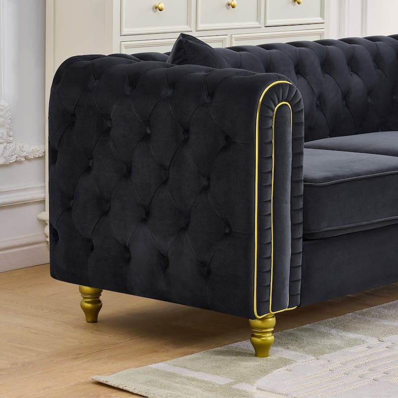 Roomfitters 63" Modern Upholstered Chesterfield Loveseat with Gold Trim, Button Back 2-Seater Couch for Small Spaces