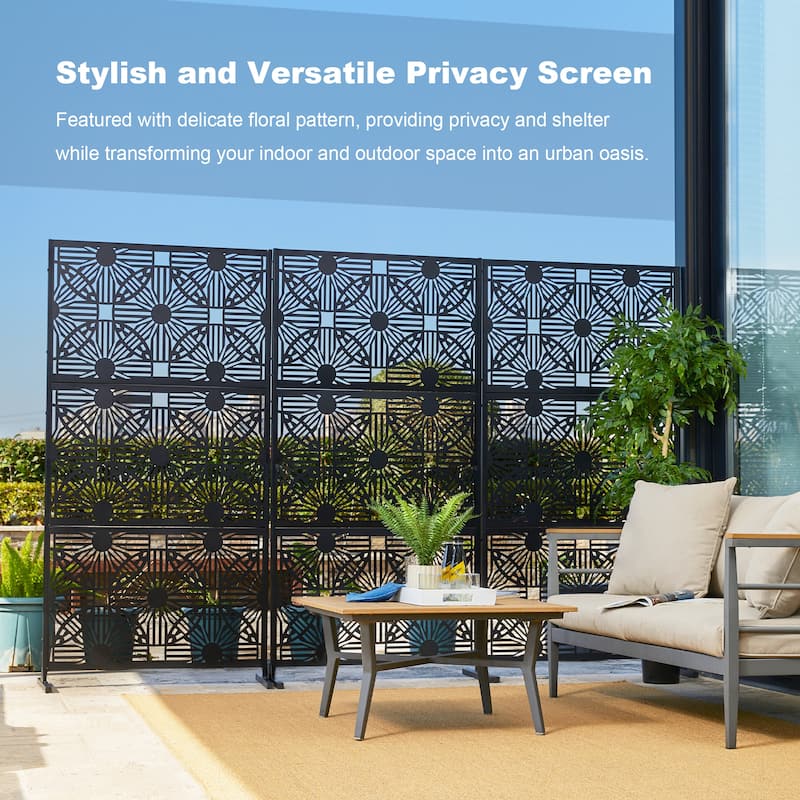 Glitzhome 6ft Galvanized Floral Patterned 3-Panel Privacy Screen Room Divider Fences