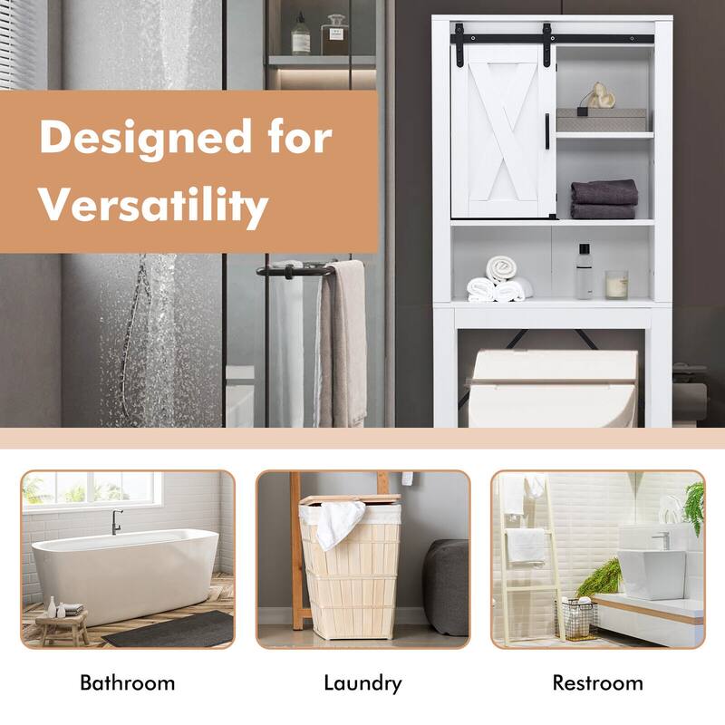 3-Tier White Over Toilet Bathroom Storage Cabinet Freestanding Organizer with Adjustable Shelves and Door - 27"W x 8.5"D x 67"H