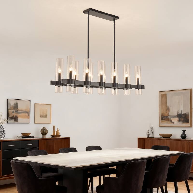 Black Chandelier Linear with Clear Glass Shade, 12-Lights Farmhouse Ceiling Hanging Fixture Over Table,NO INCLUDED BULBS
