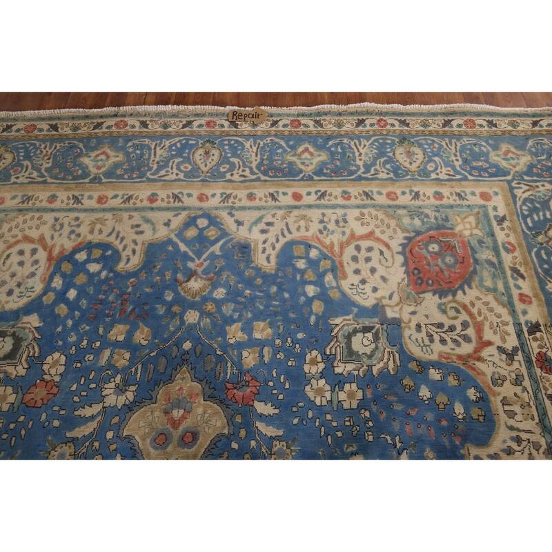 Tabriz Vintage Persian Area Rug Hand-Knotted Blue Wool Carpet - 9'10" x 13'5"
