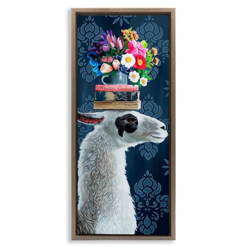 Stupell Llama with Book & Flower Arrangement Framed Floater Canvas Wall Art Design By Heather Gauthier - 11 x 25 - Brown