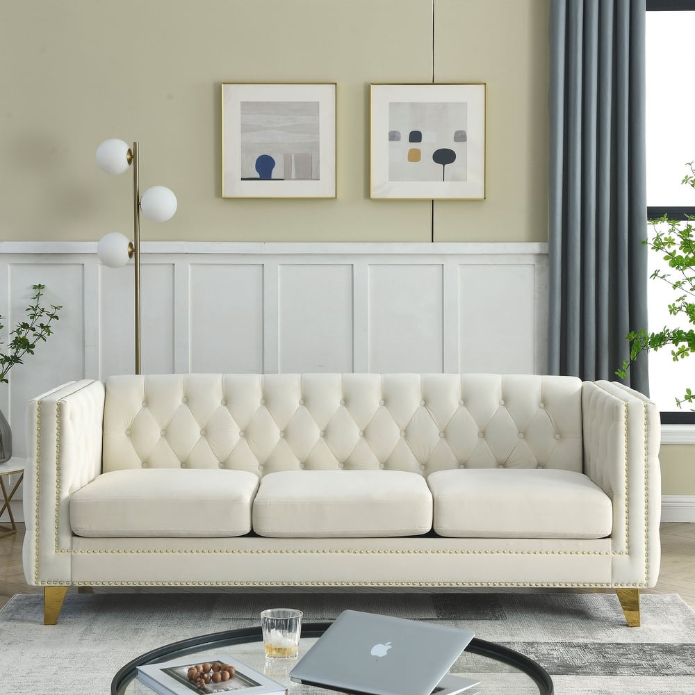 Velvet Upholstered Deep Seat Couch 3 Seater Tufted Buttons Sofa with Nailhead Trim and Removable Cushions for Living Room