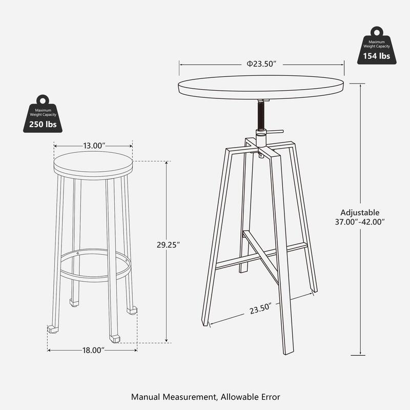Glitzhome 3-piece Industrial Pub Set Height Adjustable Bar Table and Round Stools