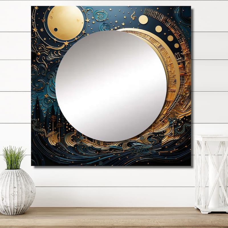 Designart "Moon Blue And Gold Cerulean Cycle Dreams I" Moon Wall Mirror Fantasy Large Square Printed Mirror For Hallway