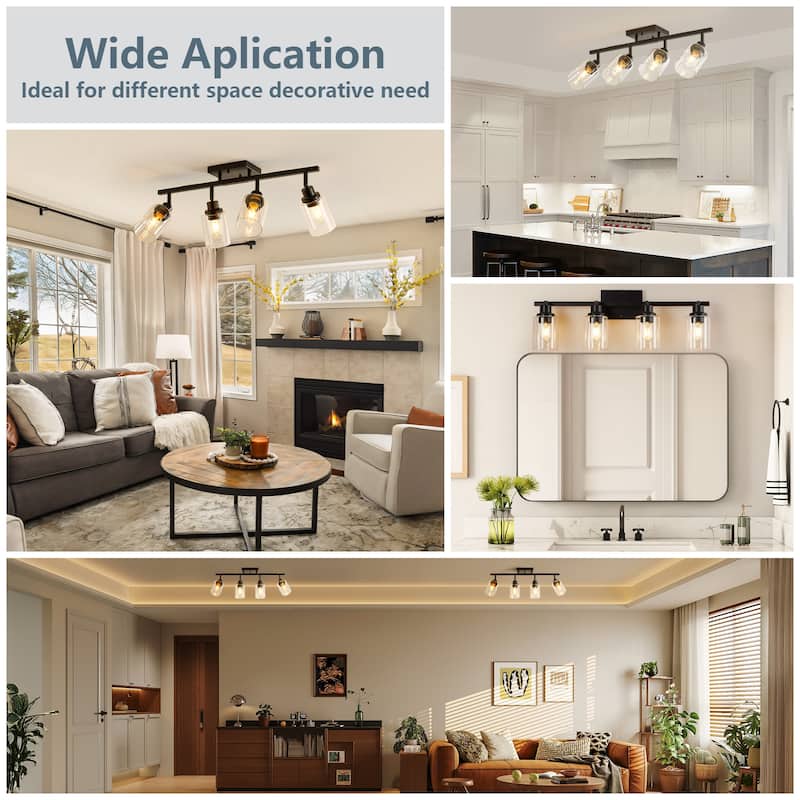 4-Lights Track Lighting Fixtures Ceiling with Clear Glass Shades, Modern Black Semi Flush Mount Ceiling Light(Bulb Not Included)