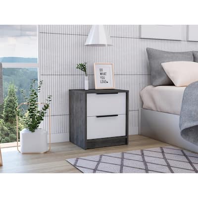 Kaia Nightstand, Two Drawers, Metal Handle -Smokey Oak / White