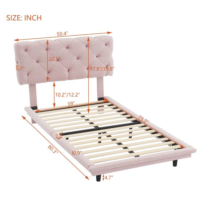 Roomfitters Twin Size Upholstered Bed with Light Stripe, Floating Platform Bed, Linen Fabric